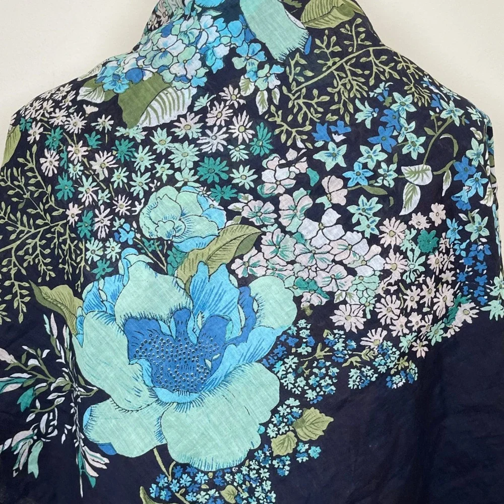 Bohemian Floral Print Square Scarf Shawl Tassel Trim Blue Green Pink Art to Wear